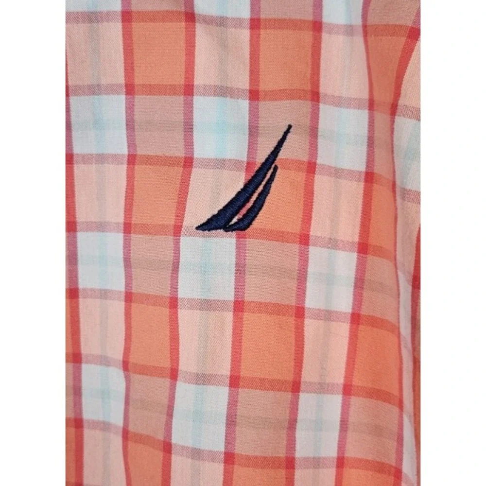 Nautica Boys Short Sleeve Button Up Shirt Orange & White Check L (14-16) Preppy